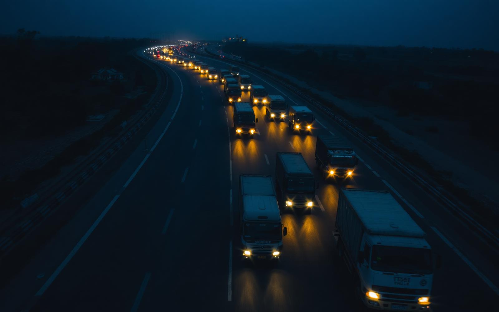 Truck convoy at night